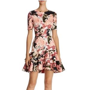 Aqua | Pink White Flowers on a Black Background Dress with a Crewneck